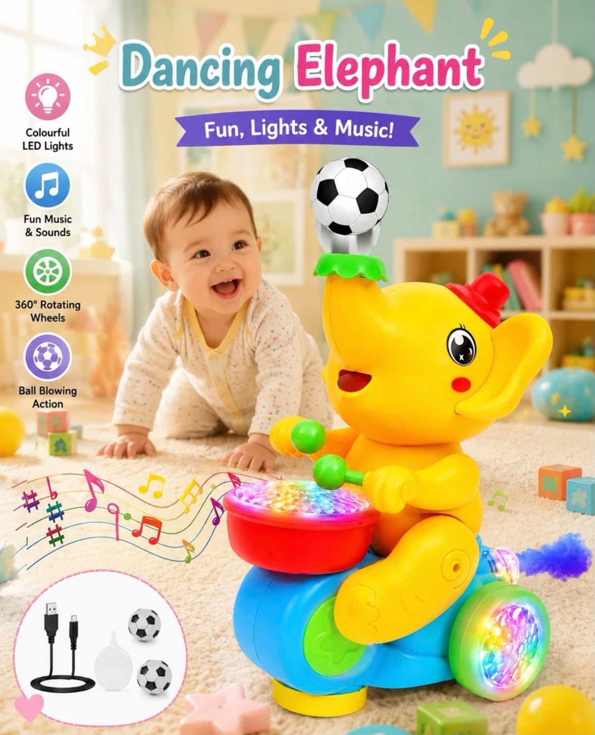 Elephant Drummer Toy with Music